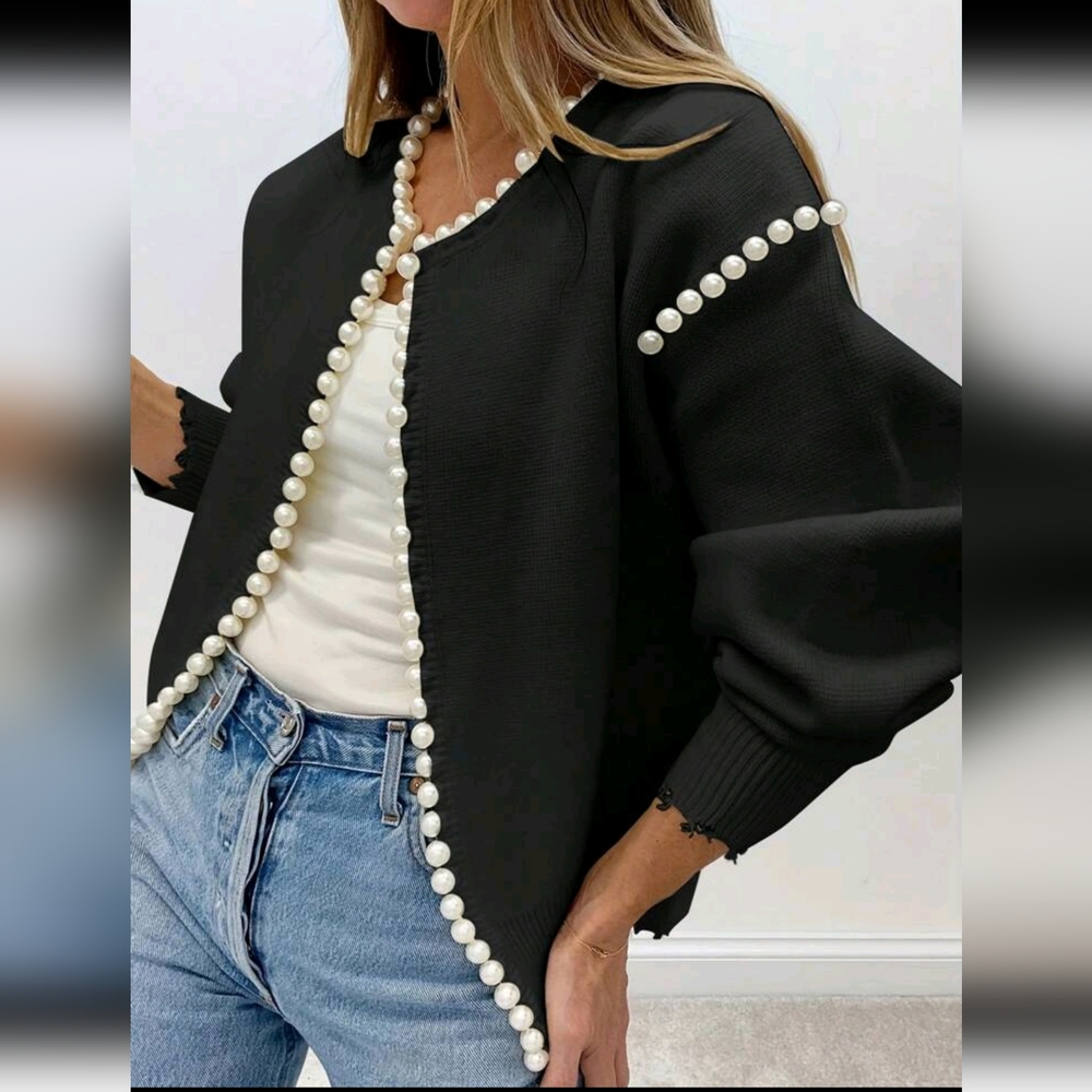Solid Color Cardigan, Pearl Trim Distressed Hem, Long Sleeve, Elegant Knit Sweat - Picture 4 of 7